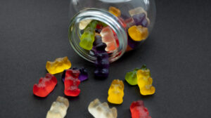 assortment delicious gummy bears with glass jar